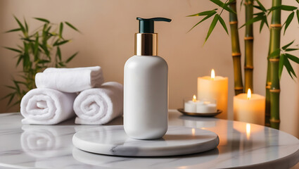 A calm spa scene featuring a towel, cosmetic cream, and beauty products for skincare, with a focus on wellness and relaxation, including elements like bottles, soap, and flowers in a clean setting