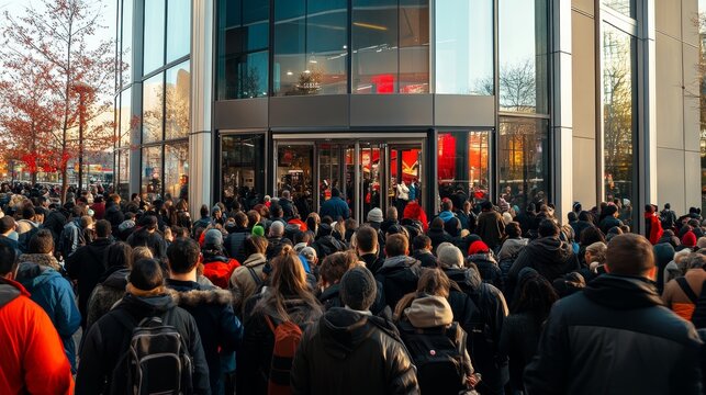 Excited Crowd Waiting Outside Mall for Black Friday Sales Event to Begin
