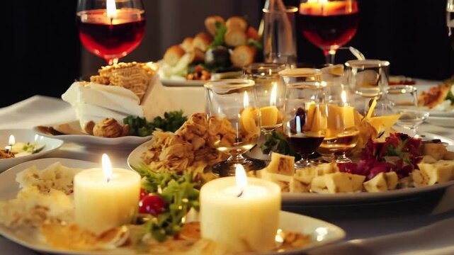 Panning video across a Passover Seder table with symbolic foods, illuminated by candlelight.