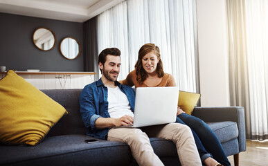Home, smile and couple with laptop on sofa for online travel booking, information and planning....