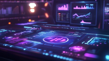 Futuristic control panel with glowing data visualizations.