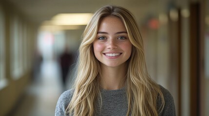 Fototapeta premium cheerful young woman with long blonde hair standing confidently in a bright university hallway smiling at the camera as she enjoys student life in a modern academic setting