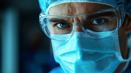 Close up, portrait, doctor, surgeon wearing face mask, safety or healthcare vision, insurance.