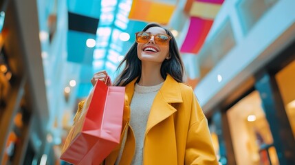 Happy Shopper Entering Colorful Mall with Sale Banners, Holding Bags of Purchases