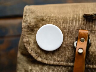 A close up of a button on a brown bag