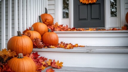 Pumpkins and autumn leaves on steps of a white wooden house, fall decor for Halloween
