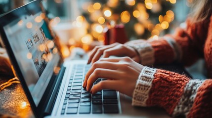Excited Shopper Snagging Black Friday Deals: Hands Typing on Laptop for Online Shopping Bonanza