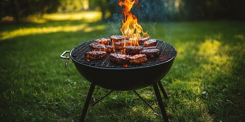 A charcoal grill with flames licking up the sides as it cooks juicy burgers on a sunny day