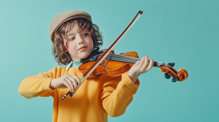 Young musician playing a violin with enthusiasm against a light blue background in a cozy indoor setting