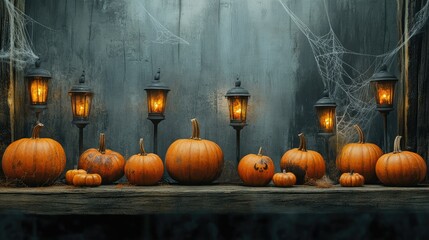 Pumpkins lined up on a rustic wooden surface, in front of a grey wall, with eerie Halloween lamps and spider webs hanging nearby.