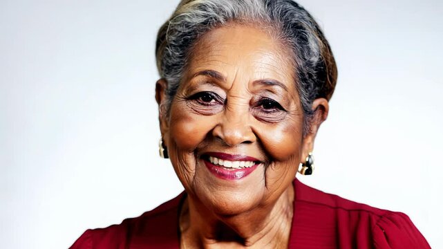 Close-up of an elderly hispanic woman expressing pride with a warm smile on a plain white background.
