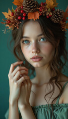 Naklejka premium A woman wearing a wreath of autumn leaves and berries.