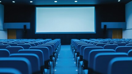 Naklejka premium Rear view of empty blue chairs in rows, facing a large presentation screen in a modern conference hall.