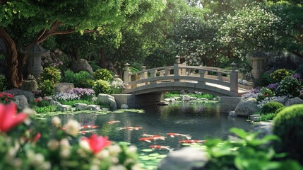 Fototapeta premium A Japanese stone footbridge crossing over a peaceful koi pond, surrounded by lush greenery and blooming flowers.