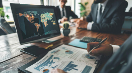 A financial advisor presenting global banking solutions to corporate clients, with a focus on international markets and economic growth.