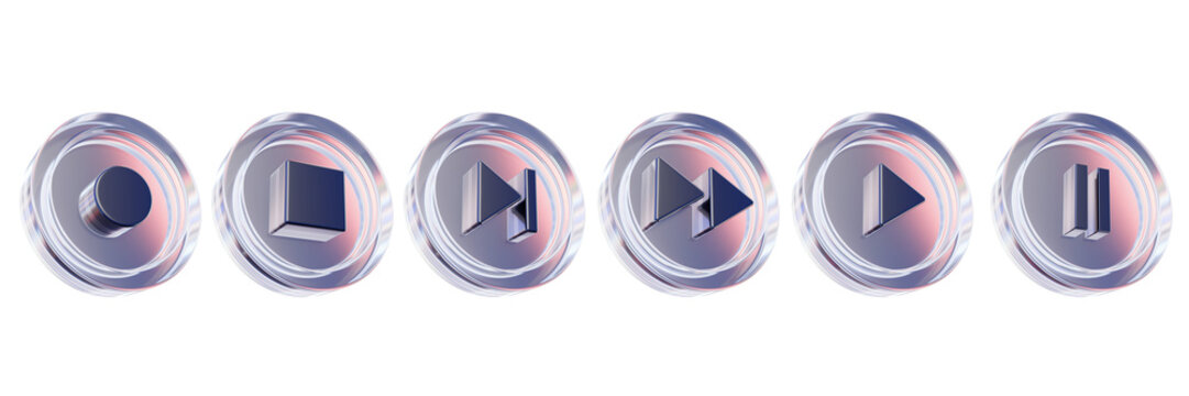 Video player button set, 3D glasses music play web sign, transparent circle rec, stop pause icon. UI design element, glossy navigation multimedia audio pictogram collection. Radio player button render