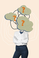 Vertical collage poster young headless woman question mark unsure uncertain find solution unknown answer doubts drawing background