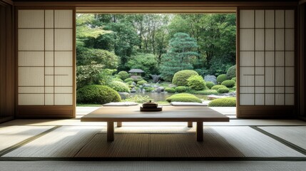 Naklejka premium A minimalist interior with a tatami mat, low table, and sliding shoji doors opening to a tranquil garden view.