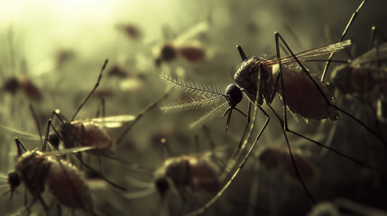 Mosquitoes are depicted in close up view, showcasing their intricate details and features. image captures essence of these insects, highlighting their presence in natural setting