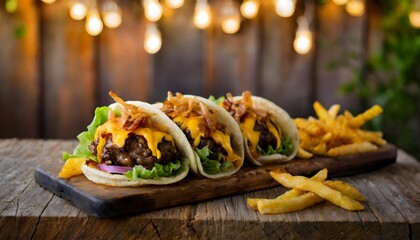 Cheeseburger tacos with mini burger patties, cheddar cheese, crispy bacon, and grilled onions fusion dish.