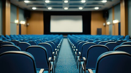 Naklejka premium Rows of blue chairs in an empty, brightly lit conference hall with a large projector screen at the front.
