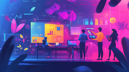 background with a marketing team brainstorming in a creative workspace, surrounded by visuals