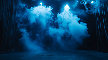 Blue smoke billowing across a dark stage, adding a cool and mysterious vibe