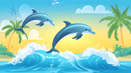 background with playful dolphins leaping above the ocean waves in a sunny tropical setting