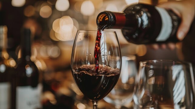 Pouring premium red wine into a wine glass in a cozy restaurant atmosphere
