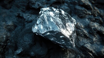 Shiny silver ore resting on a dark textured background, with light reflecting off its surface.