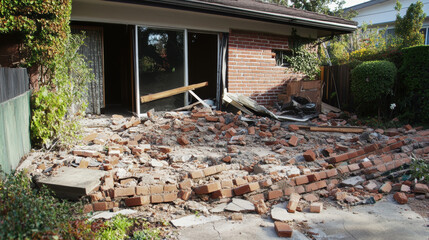 aftermath of earthquake shows significant damage to residential area, with bricks scattered and debris around entrance. scene evokes sense of destruction and urgency for recovery