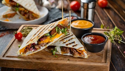 Grilled quesadilla packed with burger meat, crispy bacon, melted cheese, and tangy sauce oozing out.