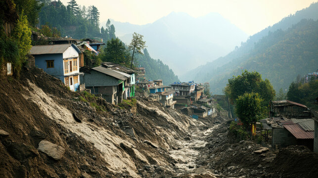 Landslides can devastate communities, as seen in this image of hillside affected by erosion and debris flow. destruction highlights impact of natural disasters on human settlements