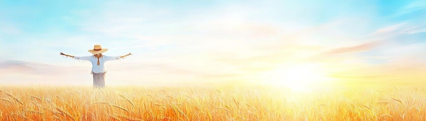 Fototapeta premium A field covered in orange and golden crops, with a scarecrow standing watch as the sun sets