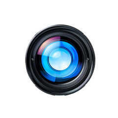 Modern camera lens showing blue reflection on white background