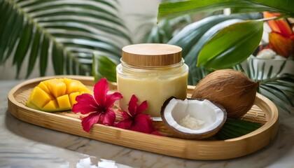 Glass jar of body butter with wooden lid in natural outdoor setting for skincare promotion