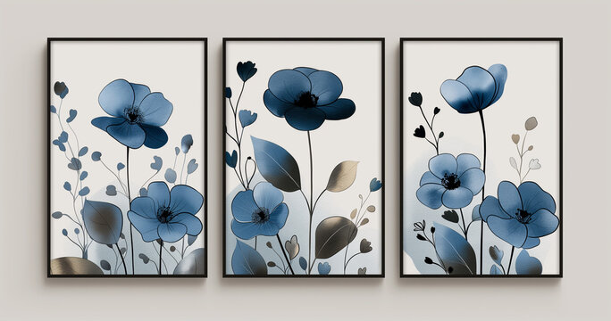 blue flower, grey leaf with three canvases of vertical black frame, grey solid background