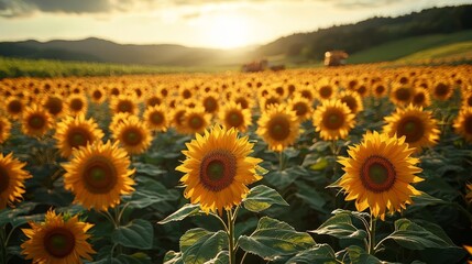 Fototapeta premium A field of sunflowers with orange petals swaying in the breeze, with crops being harvested in the distance