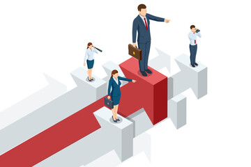 Isometric Creative Business people, managers, and employees discuss strategies for achieving goals and success on the arrows. Teamwork, analytics, business, career development or promotion