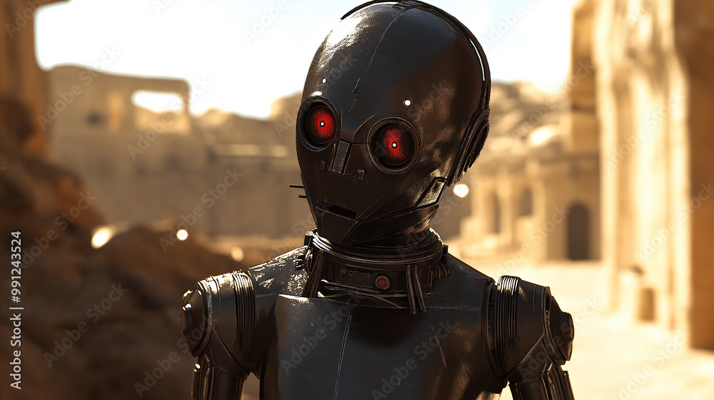 Aufkleber futuristic robot standing in front of ruined buildings 3d render