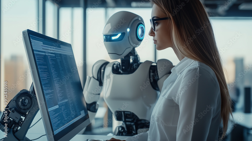 Aufkleber Female computer scientist working with robot colleague on software development project