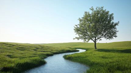 Fototapeta premium Small river flowing through green meadow with a tree