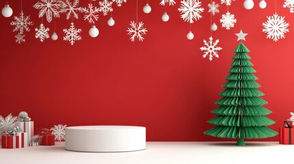 3D render of a Christmas tree on a white podium with snowflakes and paper-cut clouds, isolated on a red background.