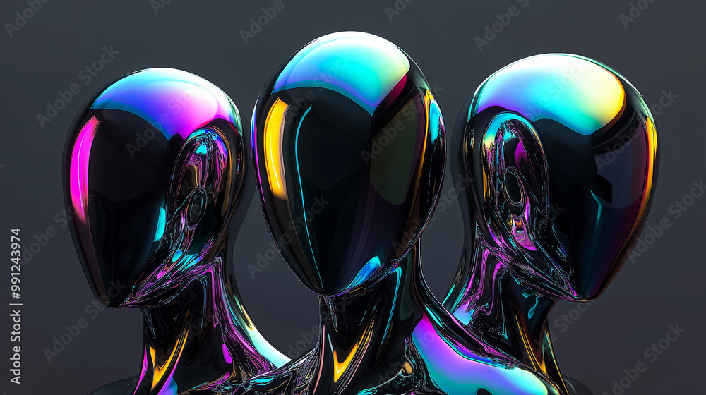 Poster three identical chrome humanoids with iridescent heads posing together