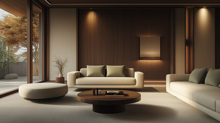 Modern living room interior with wooden paneling featuring comfortable sofas and a coffee table