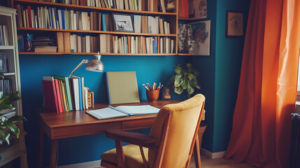 Creative study corner with a desk, comfortable chair, and educational materials, ready for the new school year