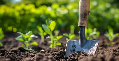 A close-up of a garden shovel partially buried in rich, dark soil, surrounded by young green plants.