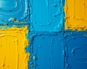 The abstract background is applied on the canvas with blue and yellow oil paints
