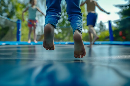 Children jumping on a trampoline in a sunny outdoor setting. The focus is on a child's feet in the foreground, with two other kids playing in the background.
