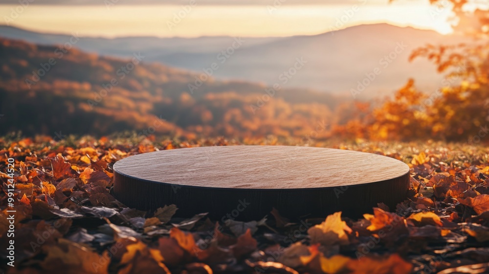 Poster A circular platform sits amidst colorful autumn leaves, illuminated by the warm glow of the setting sun. The rolling hills in the background create a tranquil and picturesque scene.